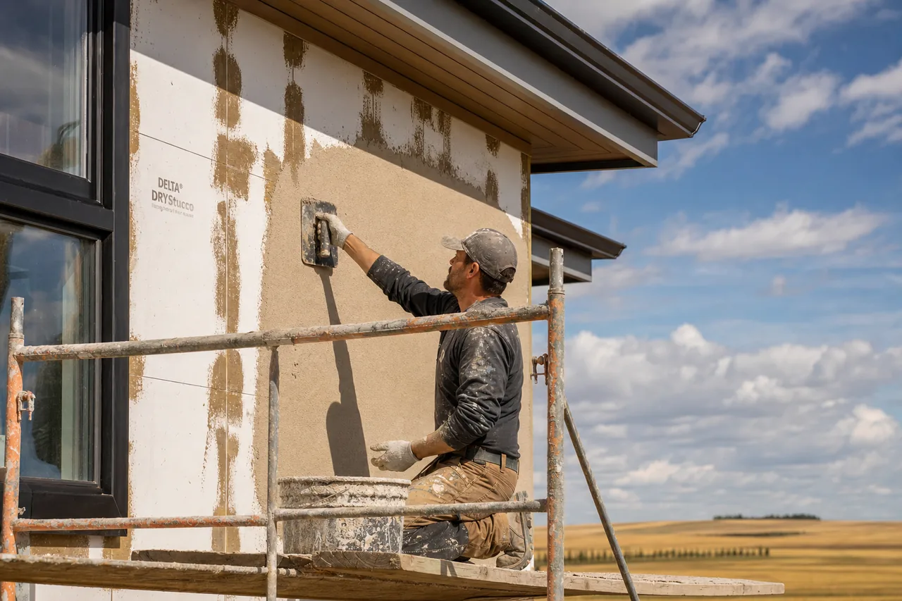 Worker troweling an EIFS exterior finish onto a prairie home on scaffolding