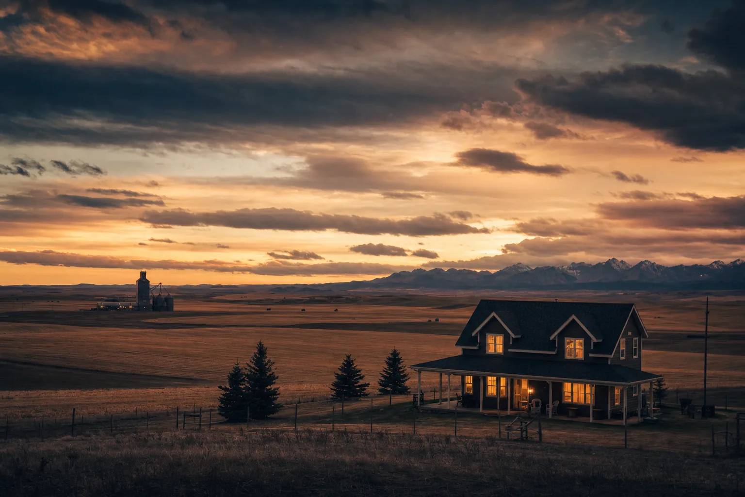 Western Canadian prairie at dusk with a farmhouse glowing warm against the foothills