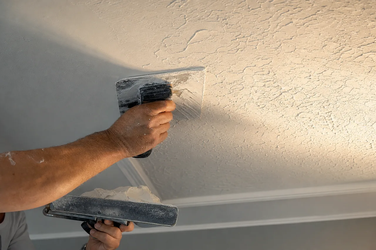 Hands applying a knockdown texture finish to a ceiling with a trowel